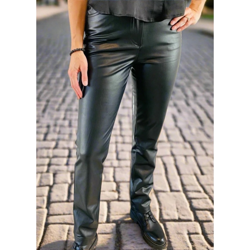 RD Style Black Vegan Leather Black Straight Leg High Rise Trouser Pants